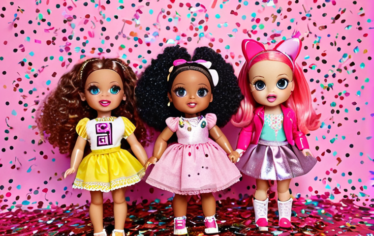 A vibrant and playful scene featuring diverse LOL Surprise! dolls in trendy outfits, showcasing various styles and accessories, surrounded by sparkling glitter and confetti, emphasizing the excitement of unboxing, capturing the essence of children's fashion trends.