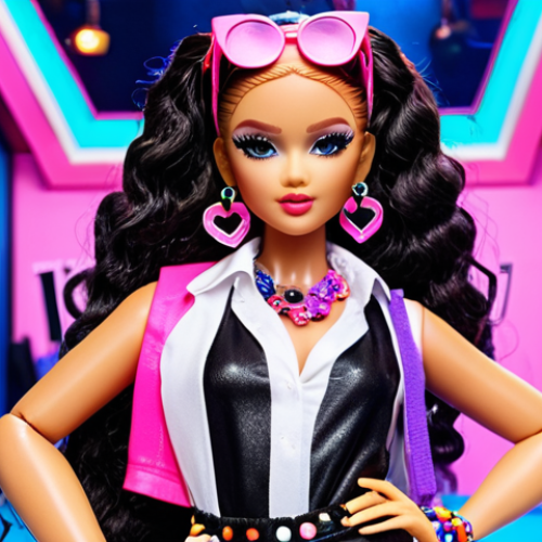 Home 14 **A fashionable LOL OMG doll posing confidently in a trendy outfit, surrounded by colorful accessories and makeup. The background showcases a vibrant fashion show scene.**