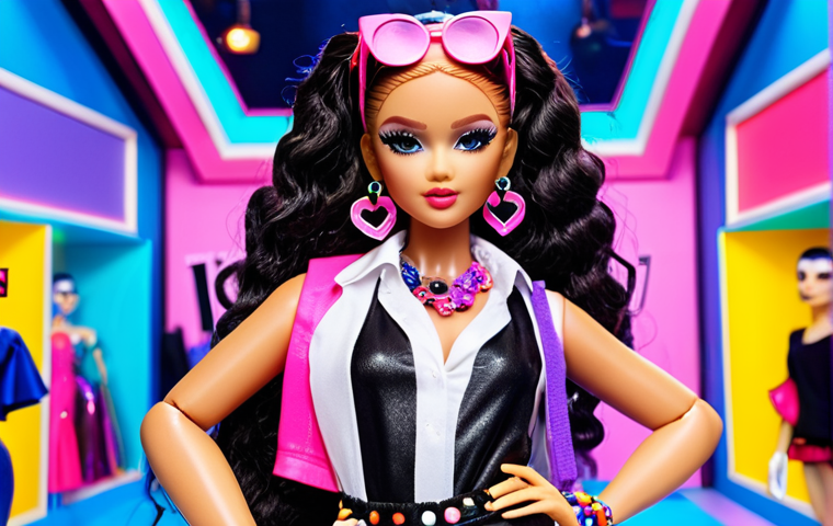 **A fashionable LOL OMG doll posing confidently in a trendy outfit, surrounded by colorful accessories and makeup. The background showcases a vibrant fashion show scene.**