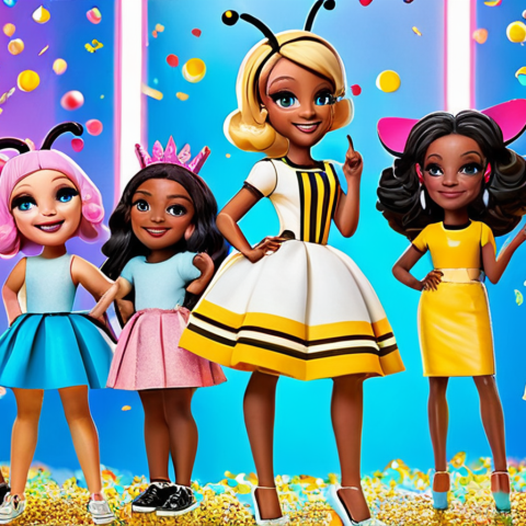A vibrant and dynamic group of diverse LOL Surprise characters, including Queen Bee, Diva, and Swag, showcasing their unique personalities. They are posed playfully on a glittering, fantastical stage with a burst of confetti in the background. Each character is adorned in their iconic, pop-style outfits with intricate details and pastel tones. The scene features stunning 3D animation quality, vibrant lighting, and a joyful, energetic atmosphere. They are fully clothed, in modest clothing and appropriate attire. This image is safe for work, appropriate content, and family-friendly. Perfect anatomy, correct proportions, natural pose, well-formed hands, proper finger count, natural body proportions. Professional photography, high quality.