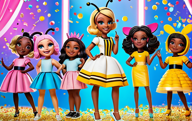 A vibrant and dynamic group of diverse LOL Surprise characters, including Queen Bee, Diva, and Swag, showcasing their unique personalities. They are posed playfully on a glittering, fantastical stage with a burst of confetti in the background. Each character is adorned in their iconic, pop-style outfits with intricate details and pastel tones. The scene features stunning 3D animation quality, vibrant lighting, and a joyful, energetic atmosphere. They are fully clothed, in modest clothing and appropriate attire. This image is safe for work, appropriate content, and family-friendly. Perfect anatomy, correct proportions, natural pose, well-formed hands, proper finger count, natural body proportions. Professional photography, high quality.