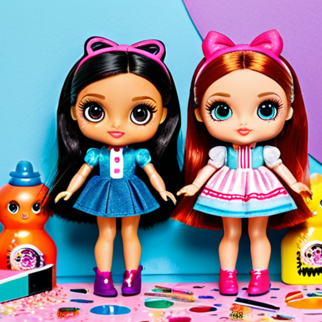**
"A vibrant, colorful scene depicting LOL Surprise dolls in various fashionable, fully clothed outfits. The dolls are posed dynamically, showcasing mix-and-match accessories. Background features a brightly lit play area with crafting supplies like glitter and stickers. Safe for work, appropriate content, family-friendly, professional illustration, perfect anatomy, natural proportions, well-formed hands, proper finger count, modest clothing."
**