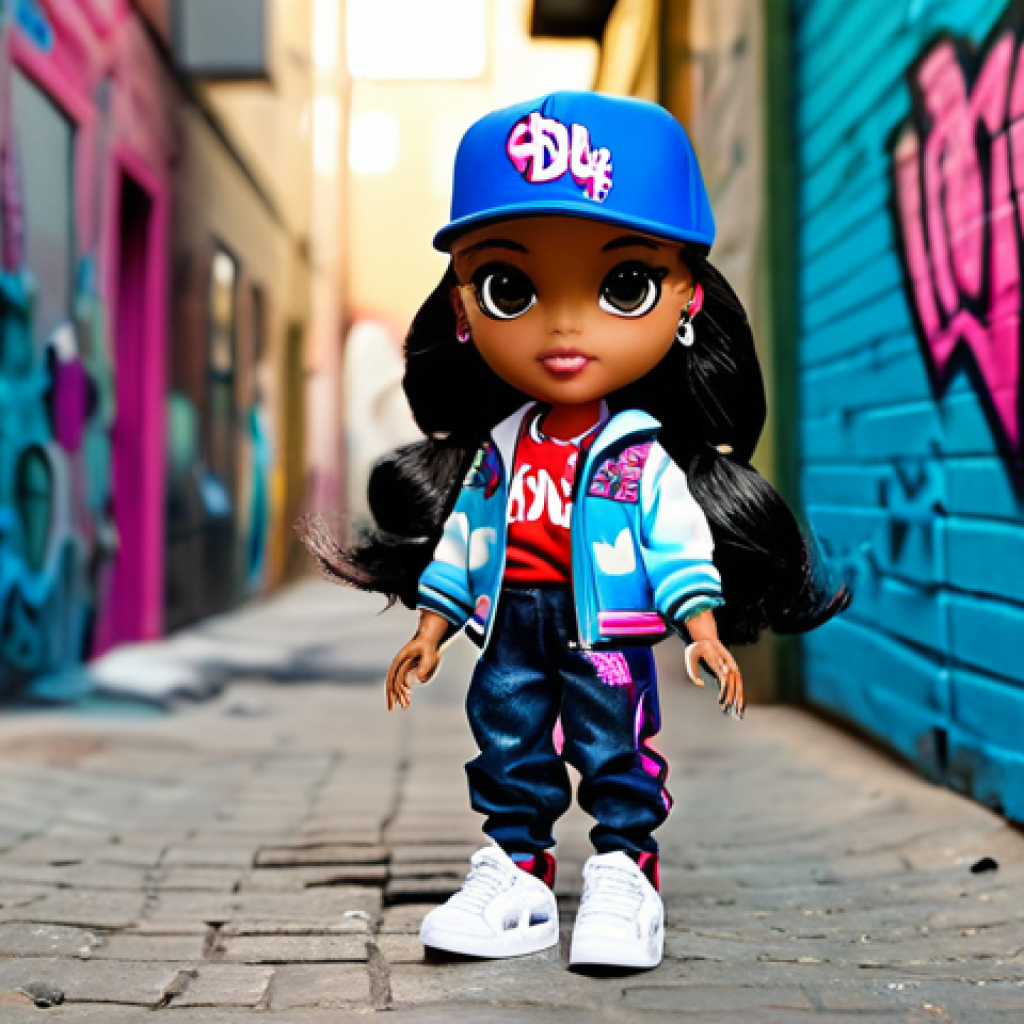 USA - Edgy LOL Surprise OMG Fashion Doll**
"An LOL Surprise OMG fashion doll in a graffiti-covered alleyway, sporting a vibrant hip-hop outfit, complete with a backwards baseball cap and oversized sneakers, perfect anatomy, correct proportions, well-formed hands, safe for work, appropriate content, fully clothed, professional"
**