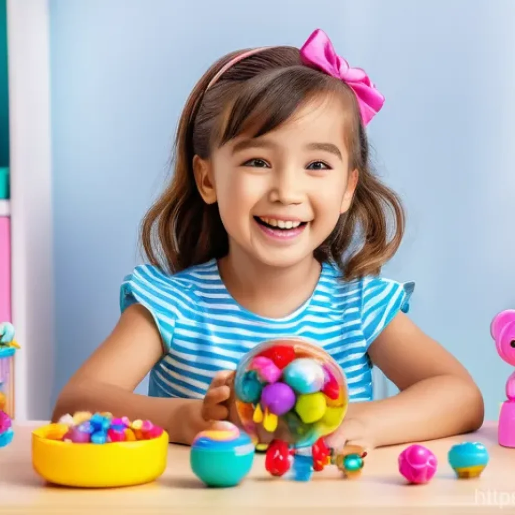 LOL 서프라이즈 제품군별 연령 추천 - A bright and colorful playroom scene with a happy, smiling young girl (around 4-5 years old, wearing...