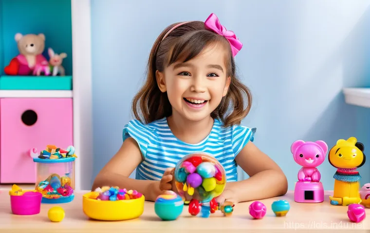 LOL 서프라이즈 제품군별 연령 추천 - A bright and colorful playroom scene with a happy, smiling young girl (around 4-5 years old, wearing...