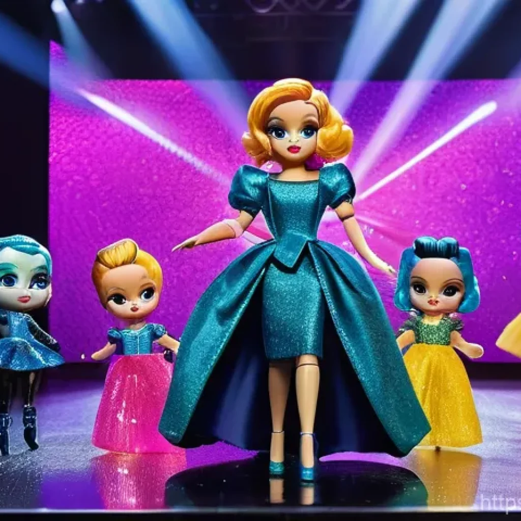 LOL 서프라이즈와 관련된 독창적인 콘텐츠 제작법 - A vibrant fashion show featuring various LOL Surprise dolls on a glittery runway. One doll, distinct...