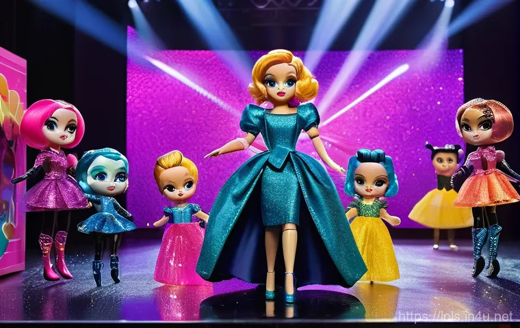 LOL 서프라이즈와 관련된 독창적인 콘텐츠 제작법 - A vibrant fashion show featuring various LOL Surprise dolls on a glittery runway. One doll, distinct...
