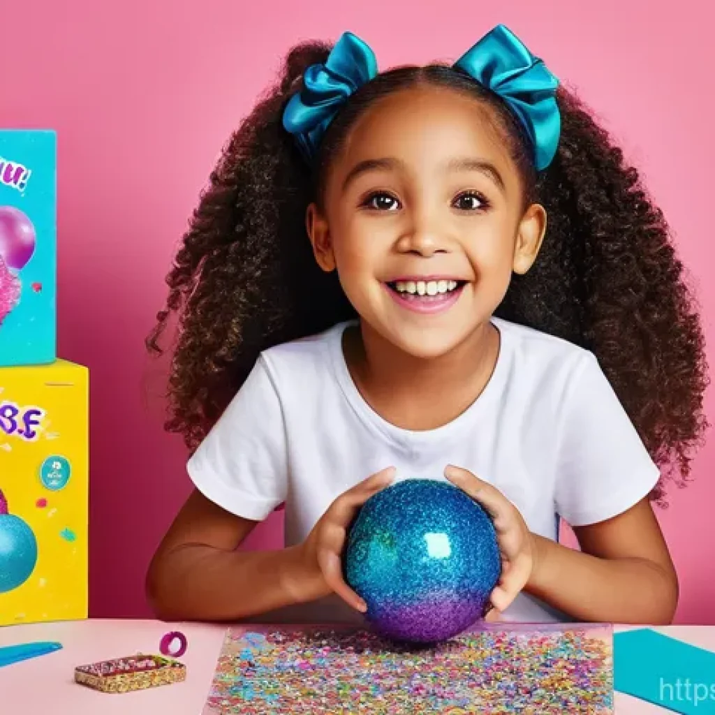 LOL 서프라이즈의 다양한 글로벌 트렌드 활용 - A joyful 8-year-old girl with bright, curious eyes, seated at a colorful table, excitedly unwrapping...