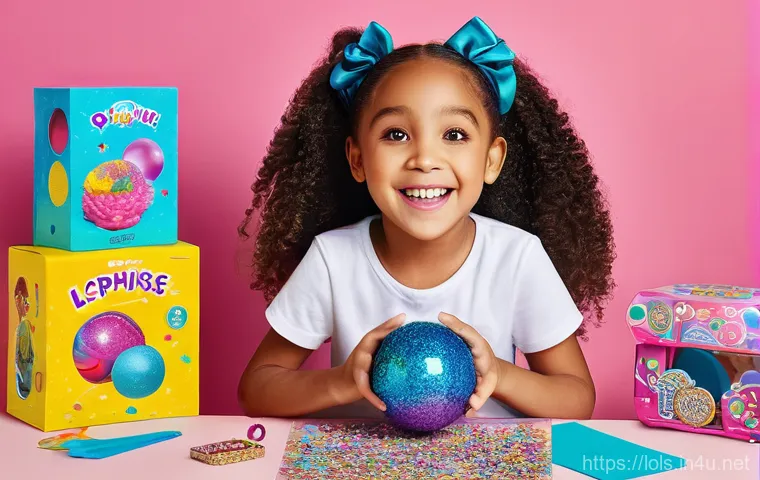 LOL 서프라이즈의 다양한 글로벌 트렌드 활용 - A joyful 8-year-old girl with bright, curious eyes, seated at a colorful table, excitedly unwrapping...
