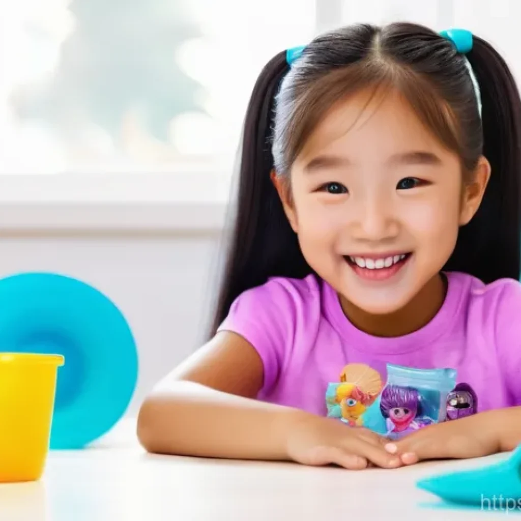 LOL 서프라이즈의 장난감 컬렉션의 가치 - A joyful 7-year-old Korean girl with a bright smile is sitting at a clean, well-lit table. She is in...