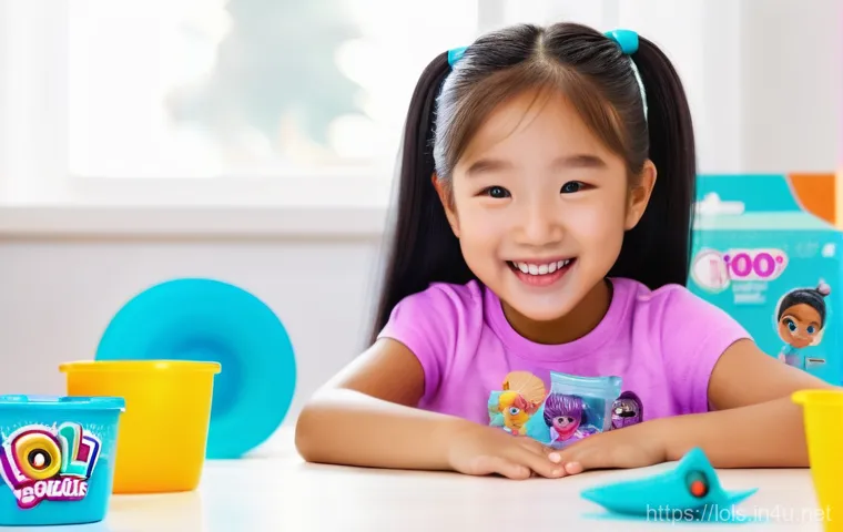 LOL 서프라이즈의 장난감 컬렉션의 가치 - A joyful 7-year-old Korean girl with a bright smile is sitting at a clean, well-lit table. She is in...