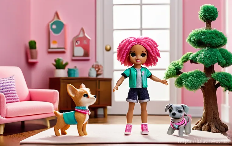 LOL 서프라이즈를 주제로 한 크리에이티브 아이디어 - A vibrant and playful scene featuring diverse LOL Surprise dolls on a miniature stop-motion animatio...