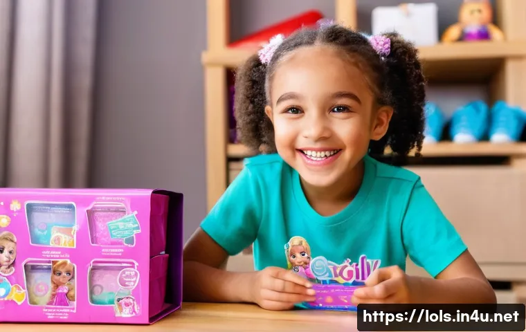 LOL 서프라이즈의 가성비와 장점 비교 - A joyful 7-year-old girl, with bright, sparkling eyes and a wide smile, is excitedly unboxing a colo...