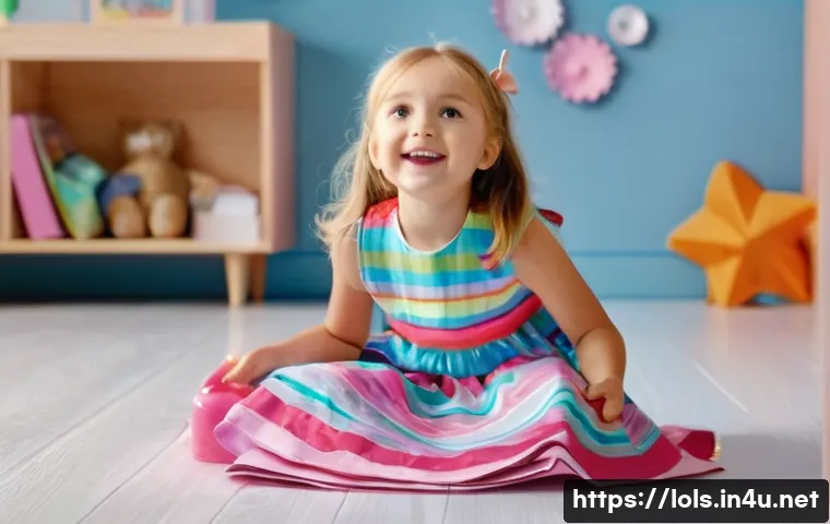 LOL 서프라이즈의 장난감 트렌드 분석 - A joyful 7-year-old girl with bright, curious eyes, wearing a cute, colorful sundress, excitedly unw...